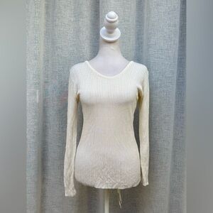 White long sleeve v neck viscose ribbed knitted top sweater